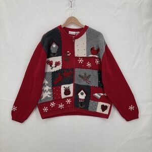 Vintage Croft & Barrow Sweater Womens XL Red Gray Zip Embroidered Birds Cardigan